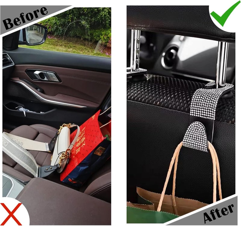 OSIFIT 2PCS Car Seat Hooks, Bling Rhinestone Headrest Hooks, Universal Bling Car Interior Accessories, for Handbag, Clothes, Purse, Water Bottle (White) - Image 4